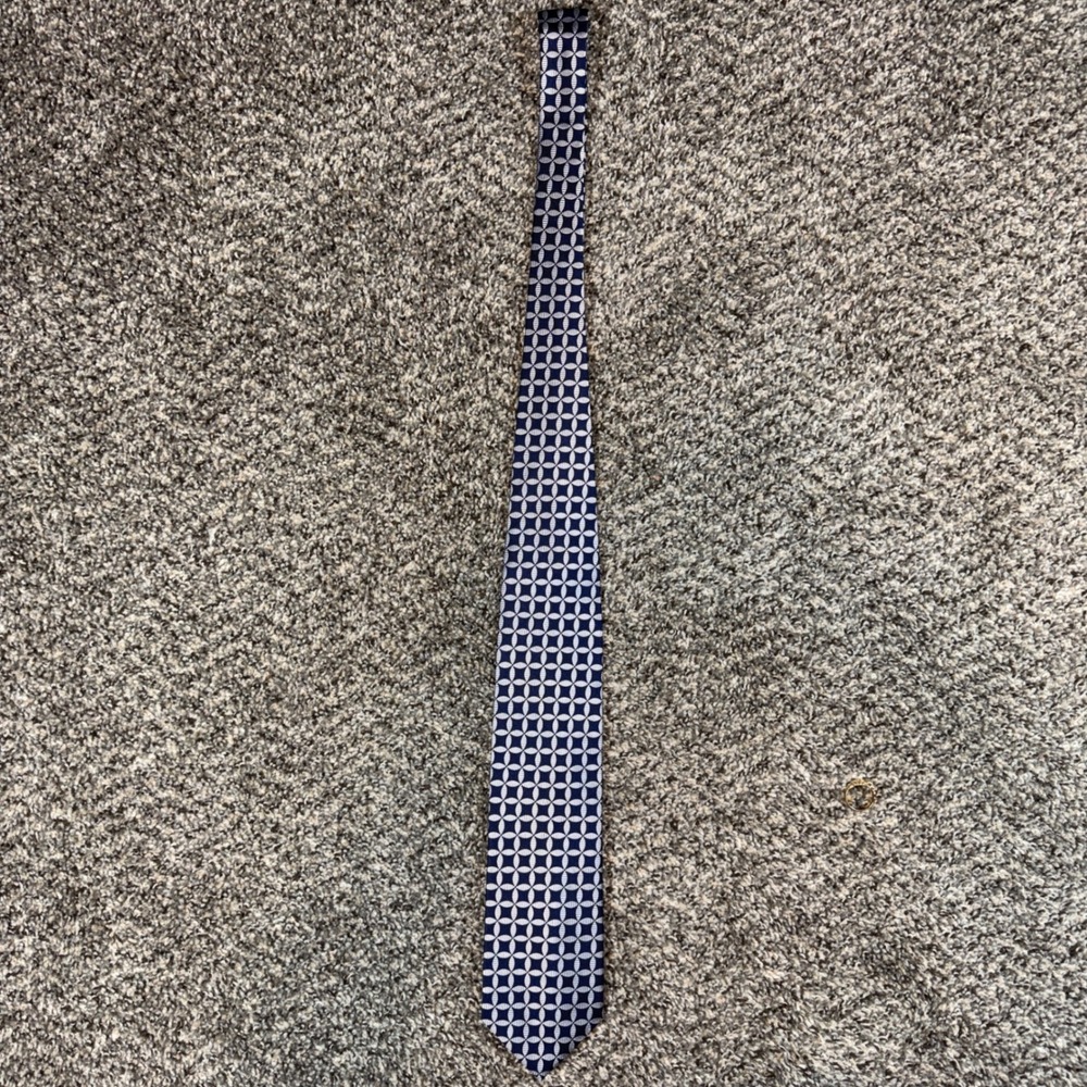 Paul Fredrick Extra Long Silk Tie Navy Blue Silver Geometric Circles Pattern